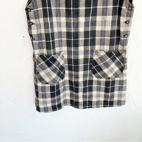 Vintage 90s Black Cream Plaid Pinafore Overall Dress Large Linen Blend - Picture 6 of 9
